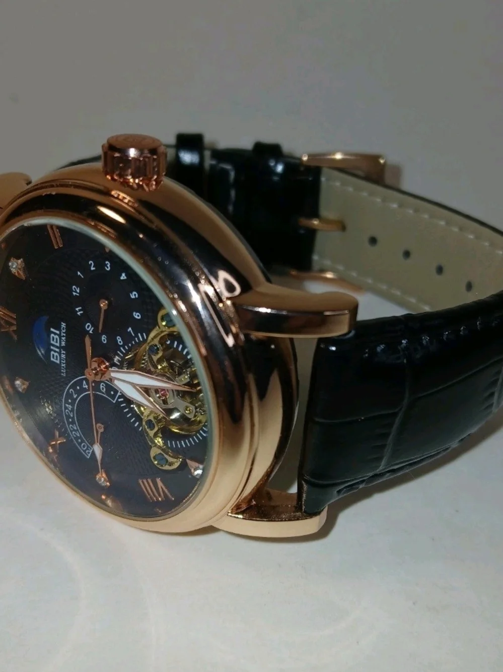​BiBi Luxury Automatic Mens Watch Rose Gold Skeleton Open Heart Black Leather...